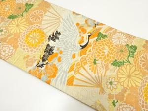 アンティーク　鶴に扇・菊模様織り出し丸帯（材料）